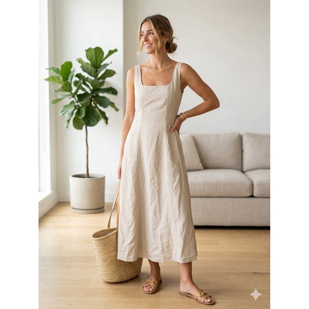 Evereve Stretch Linen Dress Tan Size Large NWOT Langenlook Minimalist